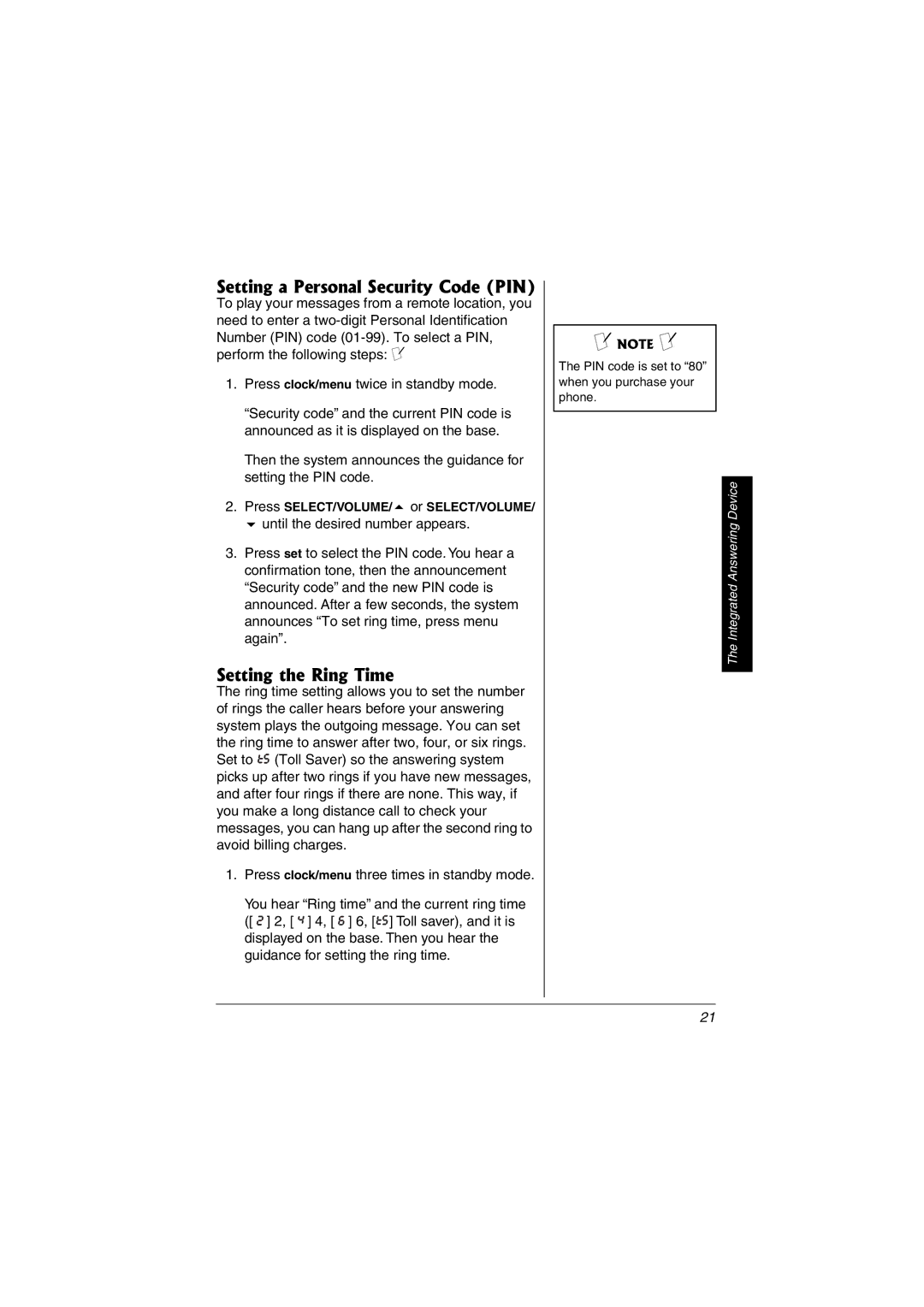 Radio Shack 43-3823 owner manual Setting a Personal Security Code PIN, Setting the Ring Time 