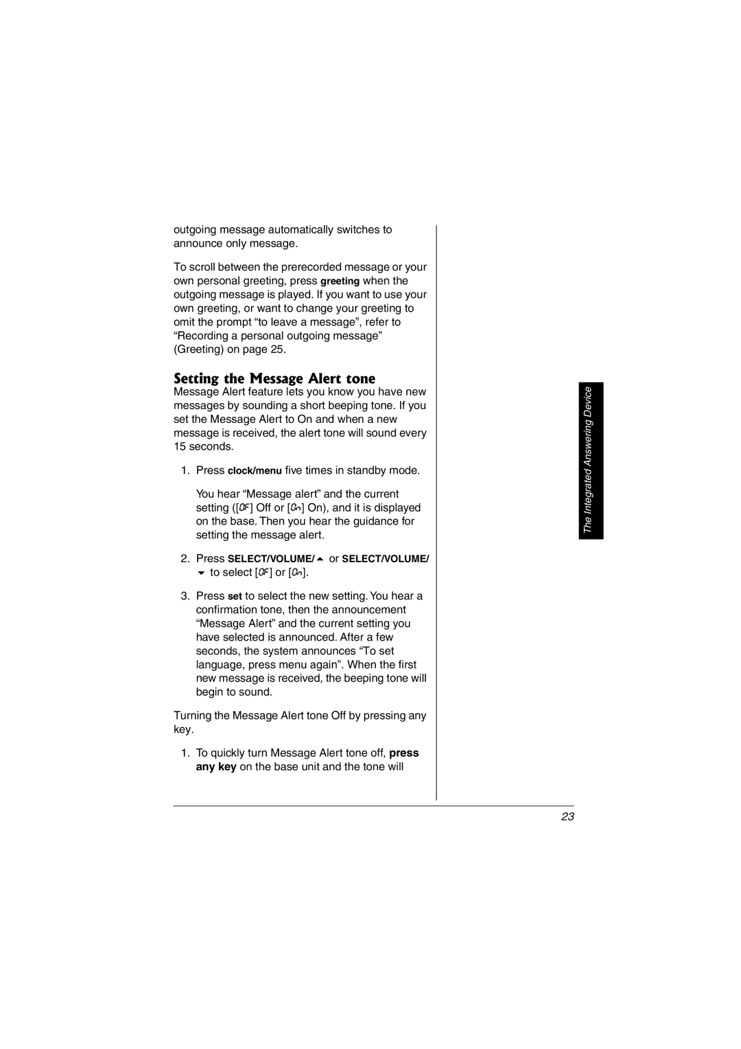 Radio Shack 43-3823 owner manual Setting the Message Alert tone 