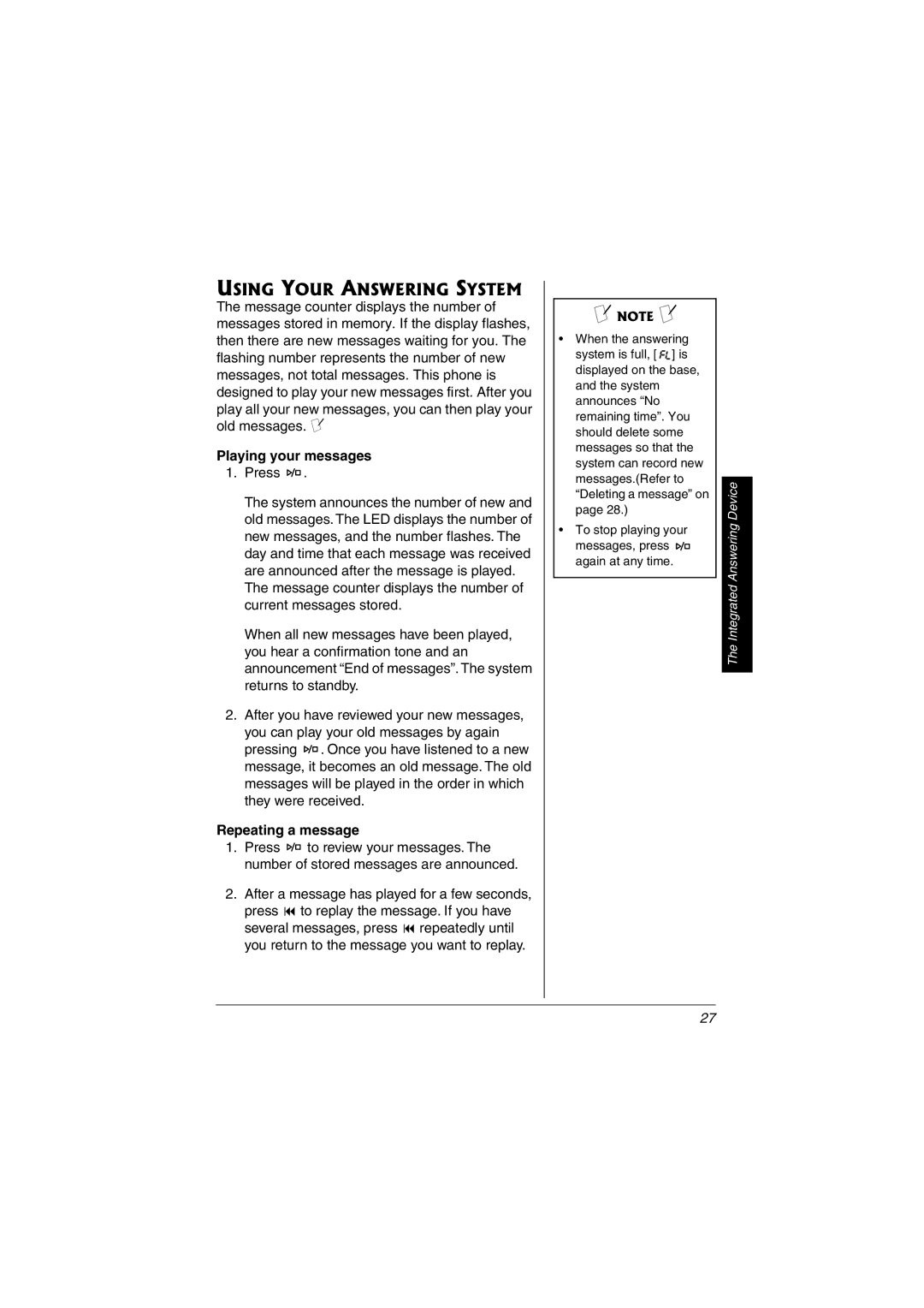 Radio Shack 43-3823 owner manual Using Your Answering System, Playing your messages, Repeating a message 