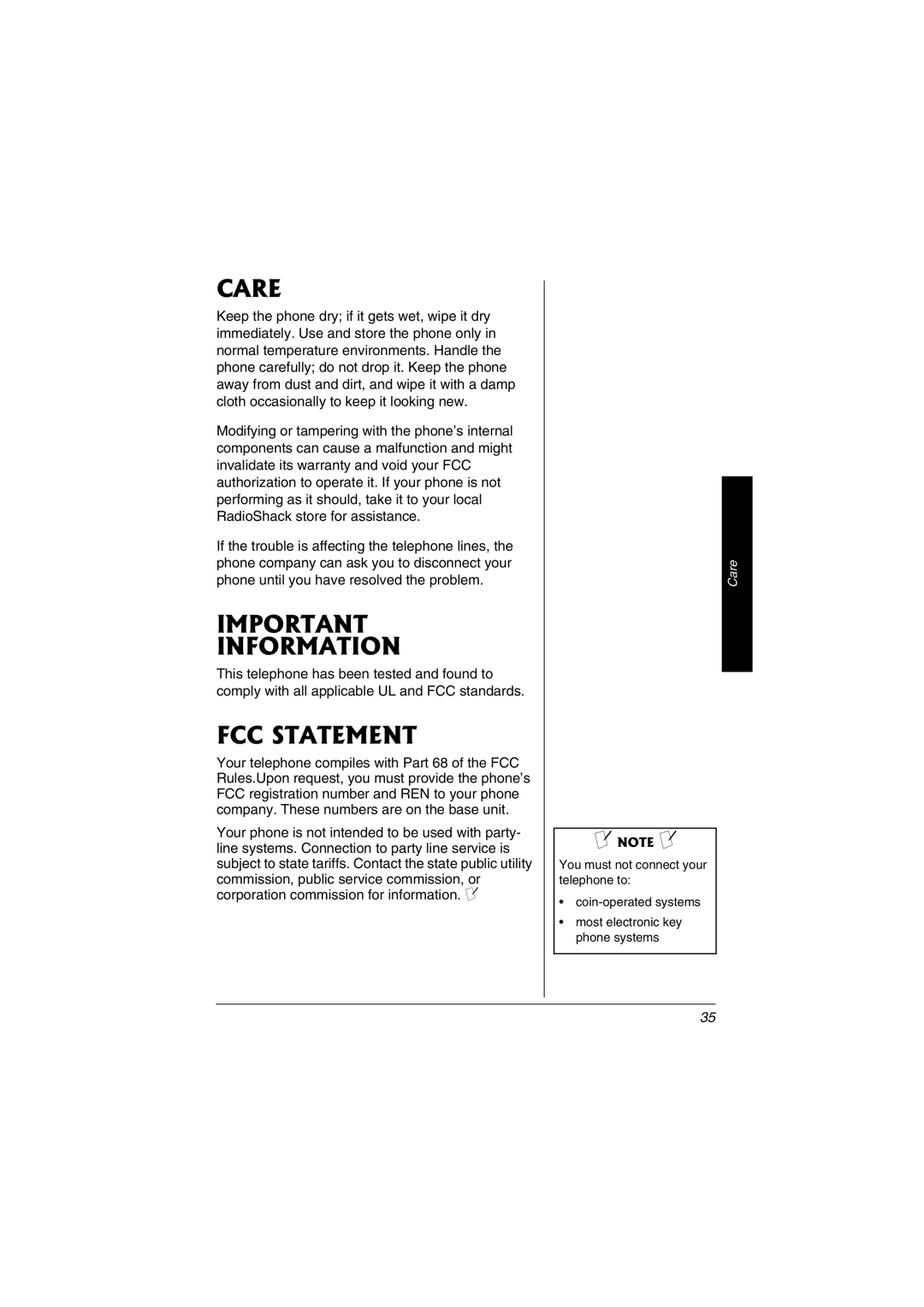 Radio Shack 43-3823 owner manual Care, FCC Statement 