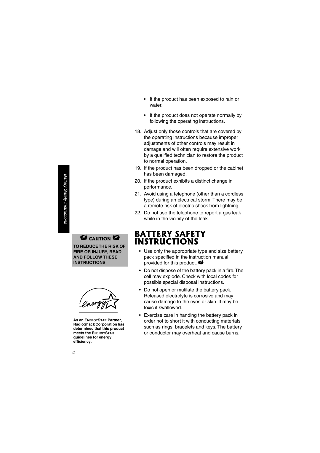 Radio Shack 43-3823 owner manual Battery Safety Instructions 