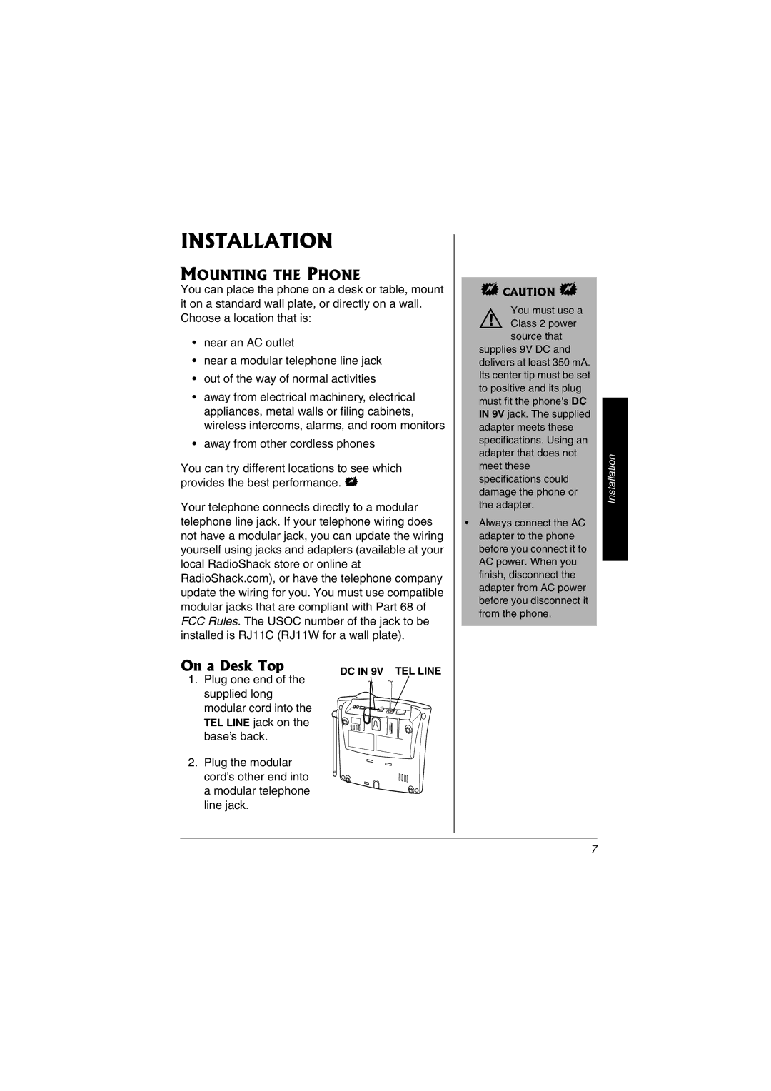 Radio Shack 43-3823 owner manual Installation, On a Desk Top, Mounting the Phone 