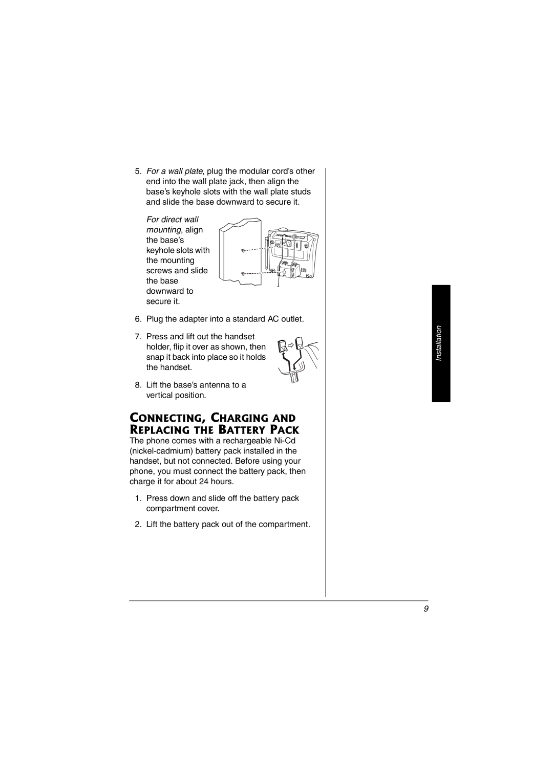 Radio Shack 43-3823 owner manual CONNECTING, Charging and Replacing the Battery Pack 