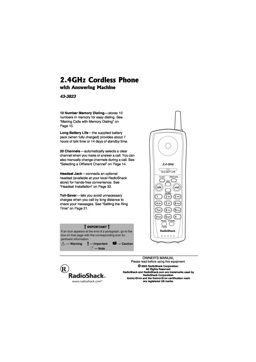 Radio Shack 43-3823 owner manual with Answering Machine, 2.4GHz Cordless Phone 