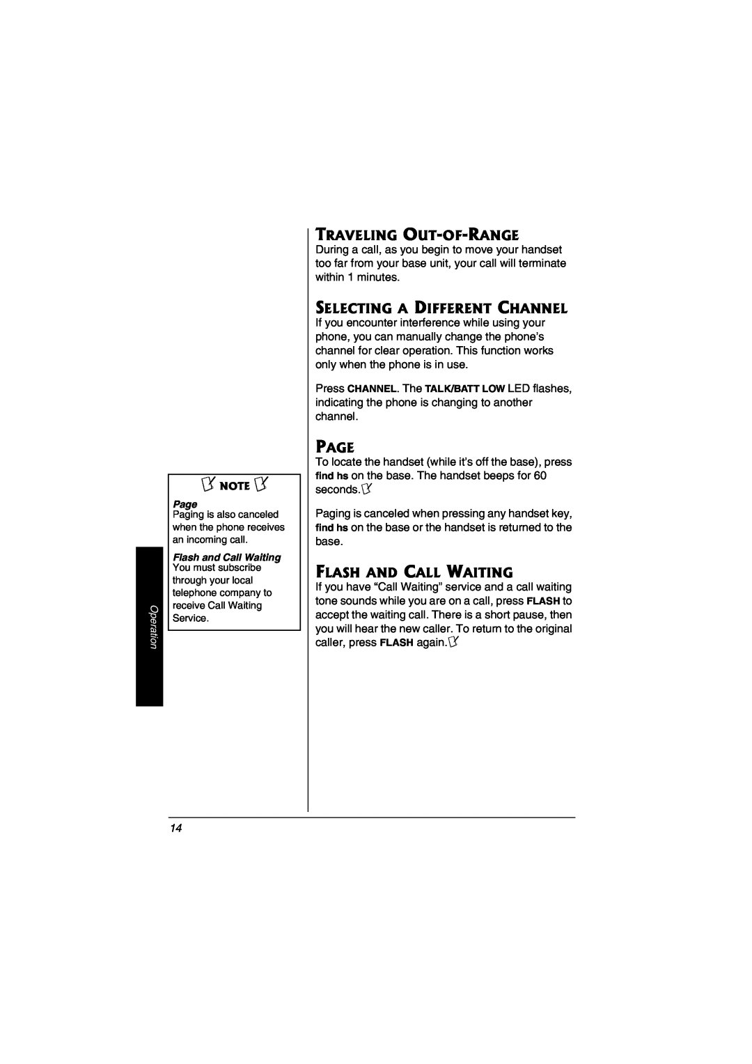 Radio Shack 43-3823 owner manual Traveling Out-Of-Range, Selecting A Different Channel, Page, Flash And Call Waiting 