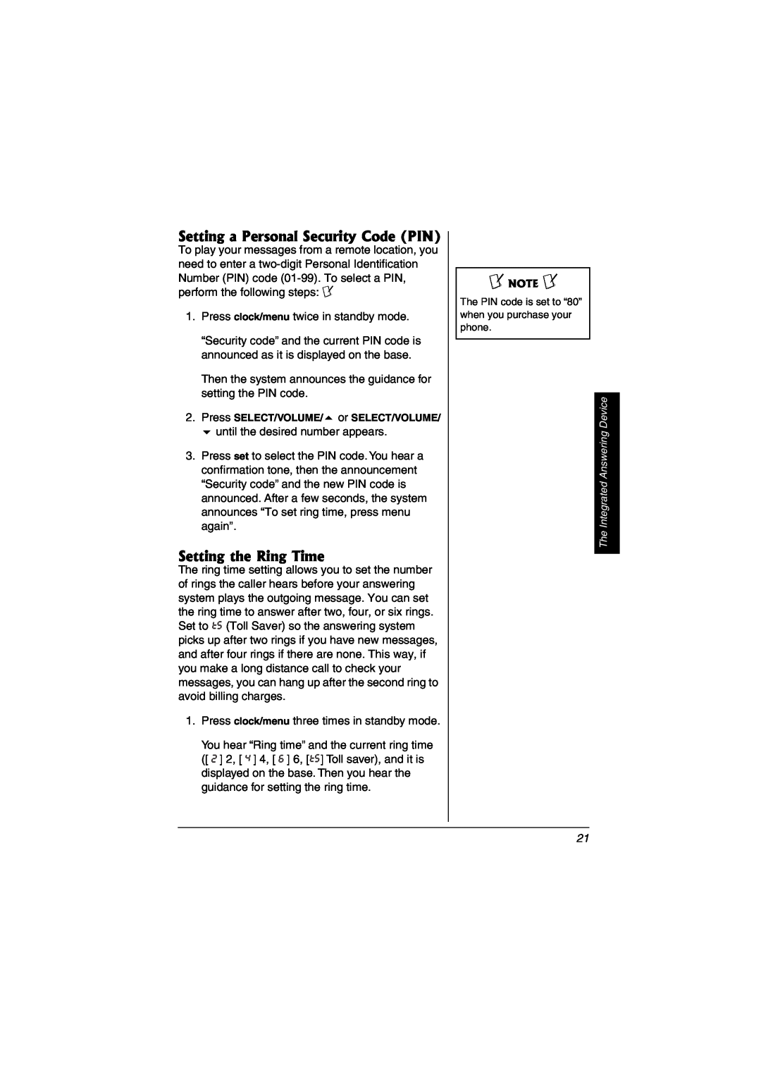 Radio Shack 43-3823 owner manual Setting a Personal Security Code PIN, Setting the Ring Time 