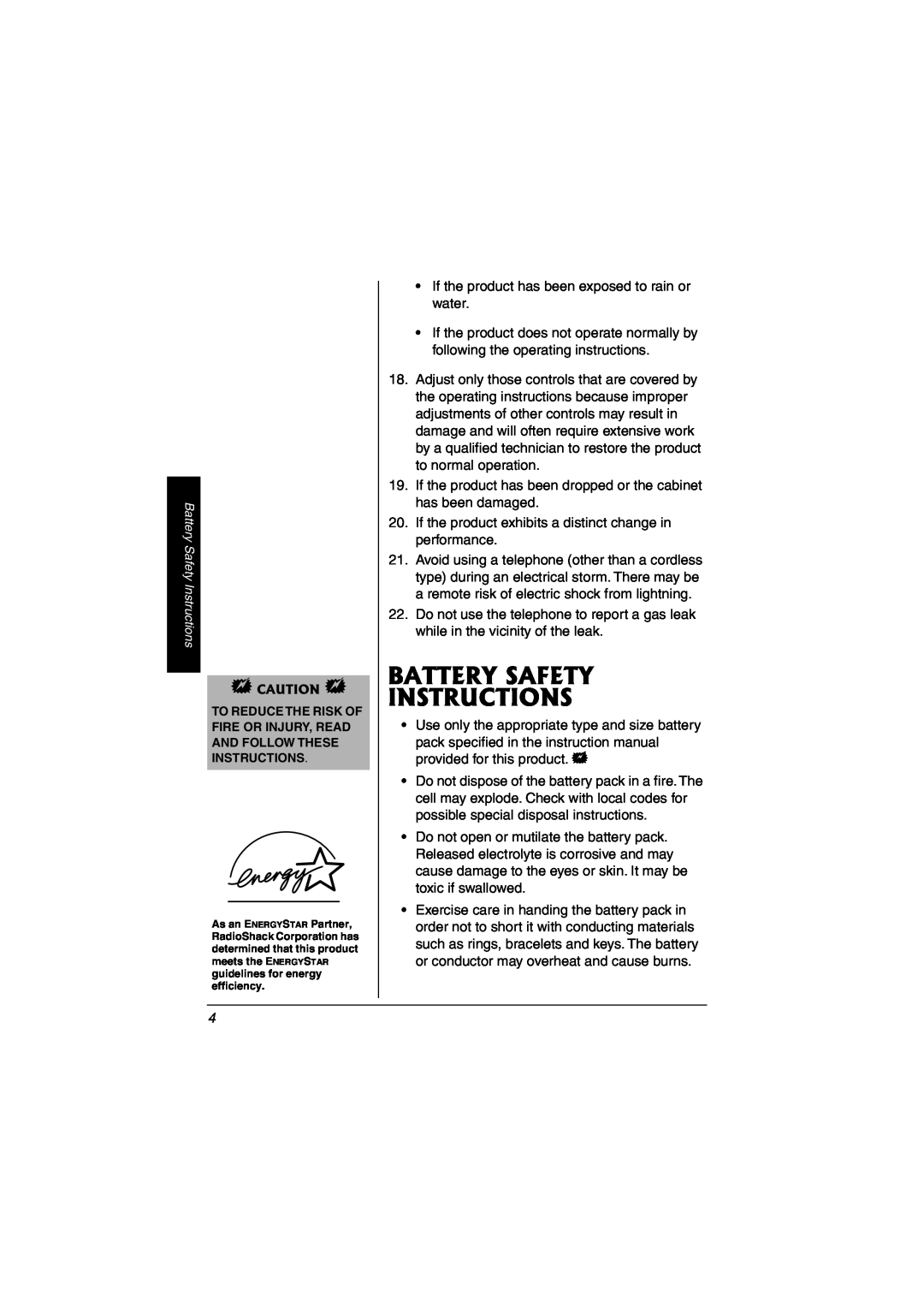 Radio Shack 43-3823 owner manual Battery Safety Instructions 