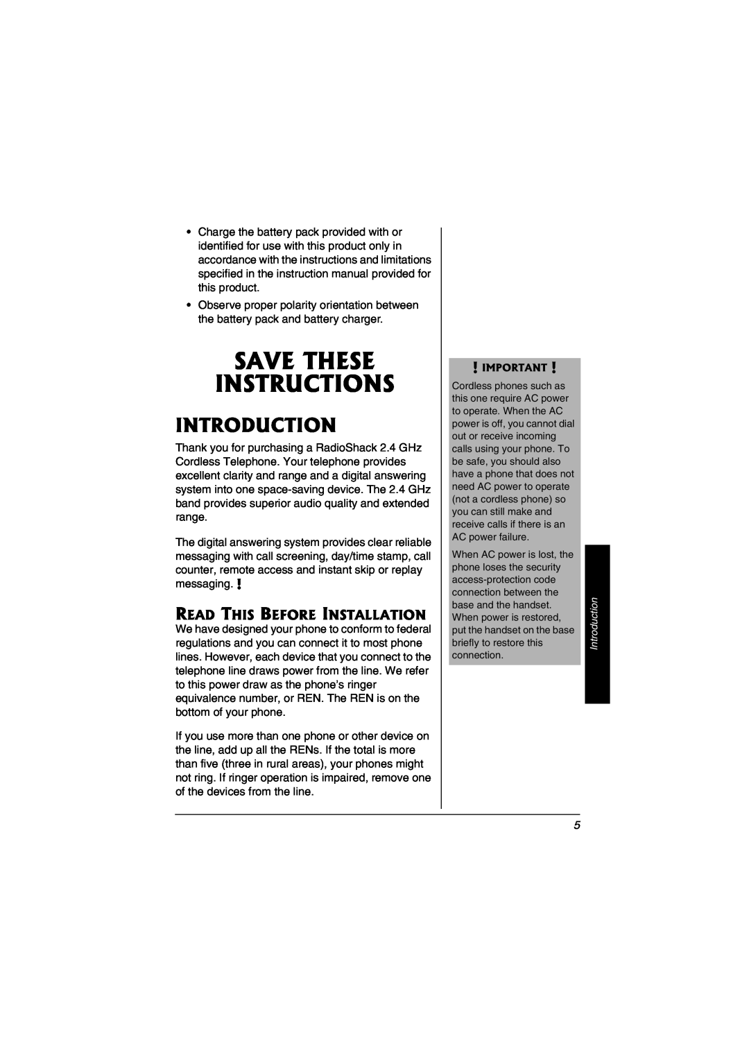 Radio Shack 43-3823 owner manual Introduction, Read This Before Installation, Save These Instructions 