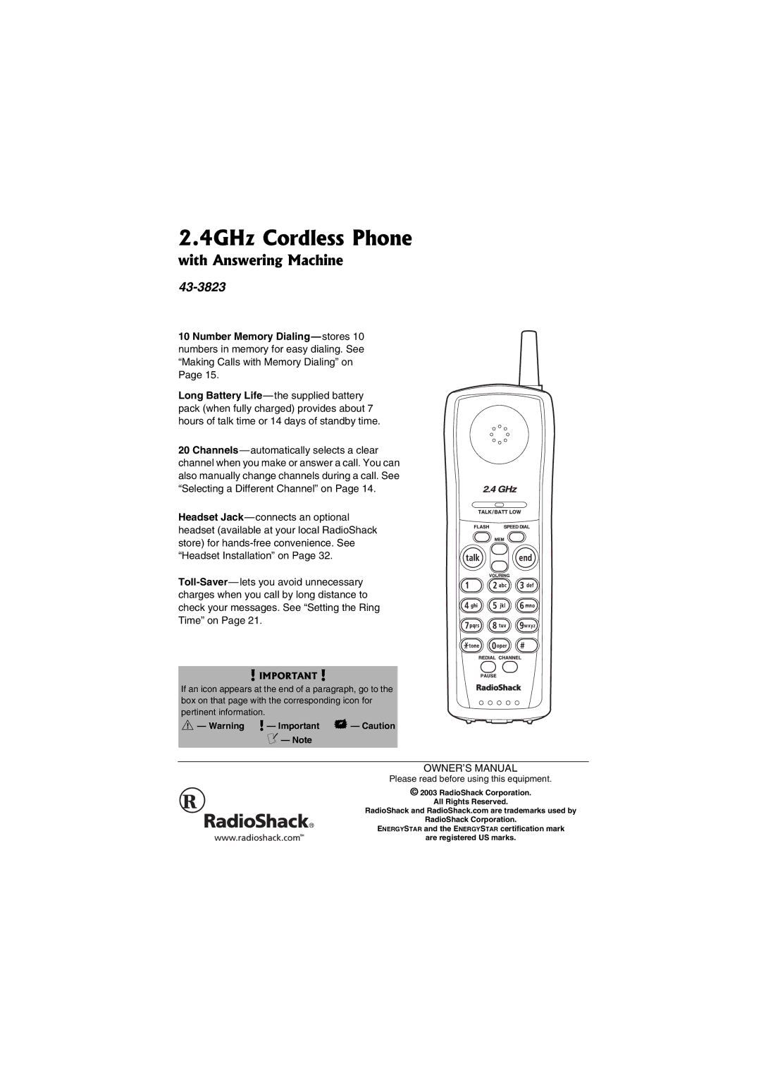 Radio Shack 43-3856 owner manual 4GHz Cordless Phone, With Answering Machine 