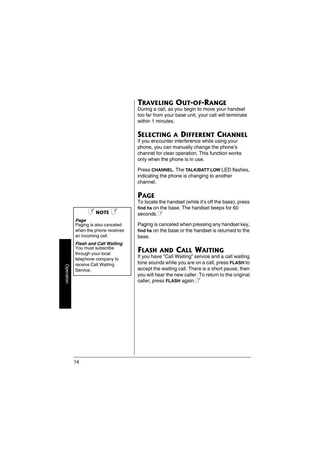 Radio Shack 43-3856 owner manual Traveling OUT-OF-RANGE, Selecting a Different Channel, Flash and Call Waiting 