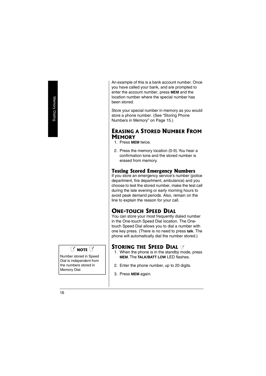 Radio Shack 43-3856 Testing Stored Emergency Numbers, Erasing a Stored Number from Memory, ONE-TOUCH Speed Dial 