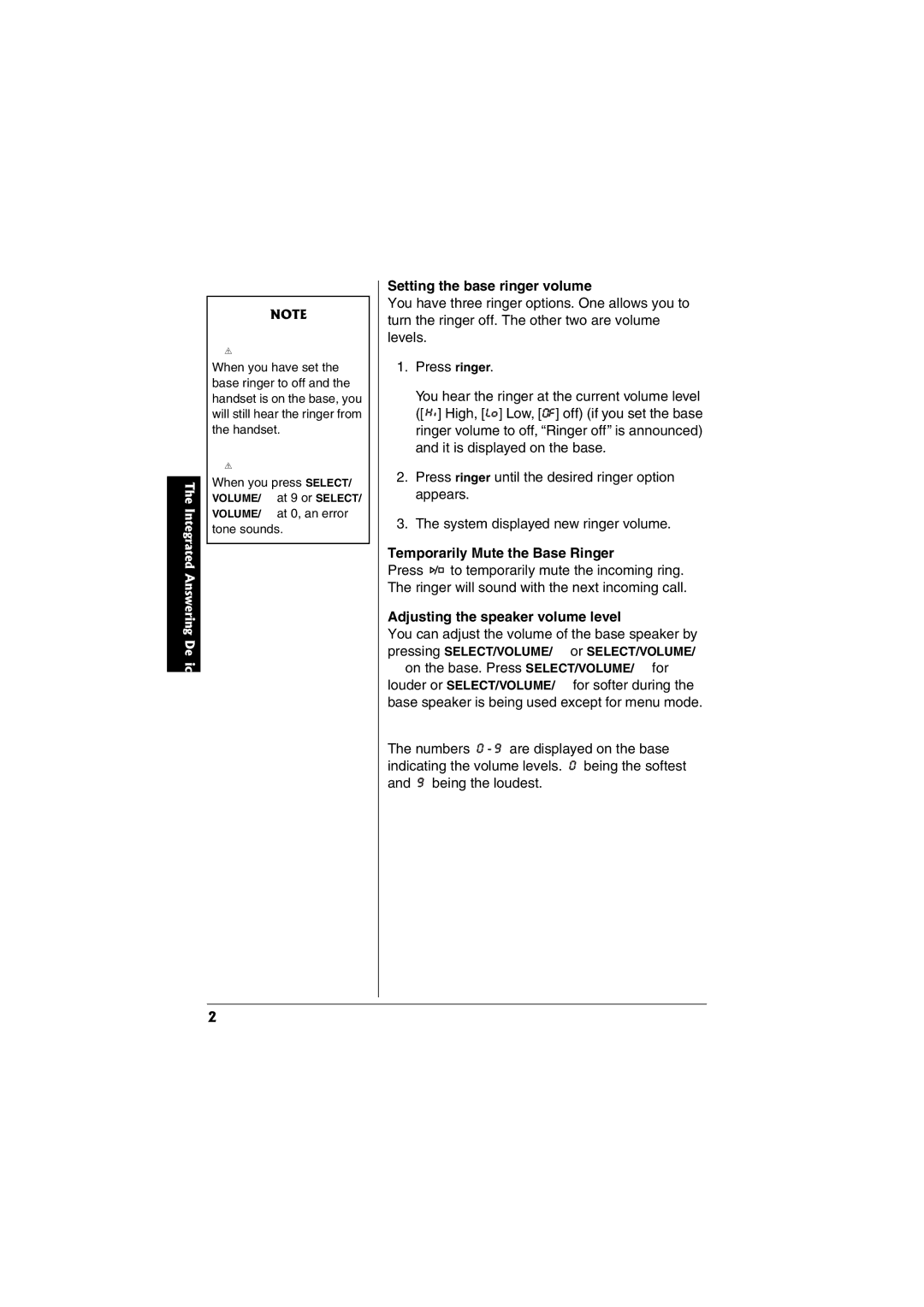 Radio Shack 43-3856 Setting the base ringer volume, Temporarily Mute the Base Ringer, Adjusting the speaker volume level 