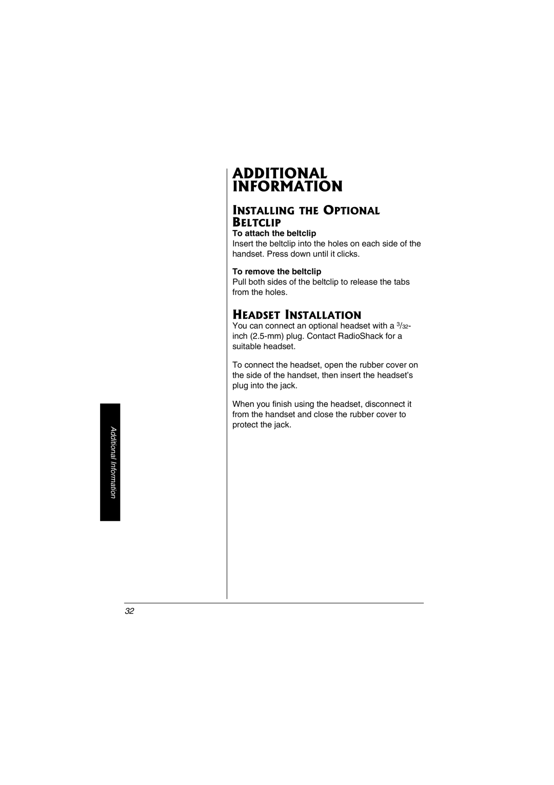 Radio Shack 43-3856 Additional Information, Installing the Optional Beltclip, Headset Installation, To attach the beltclip 