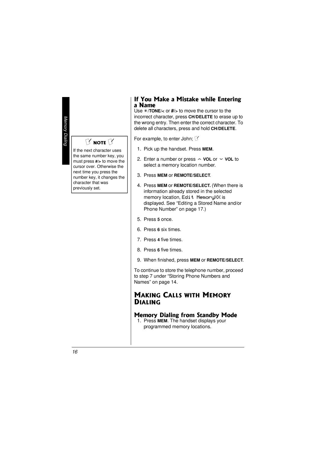 Radio Shack 43-3857 owner manual If You Make a Mistake while Entering a Name, Memory Dialing from Standby Mode 