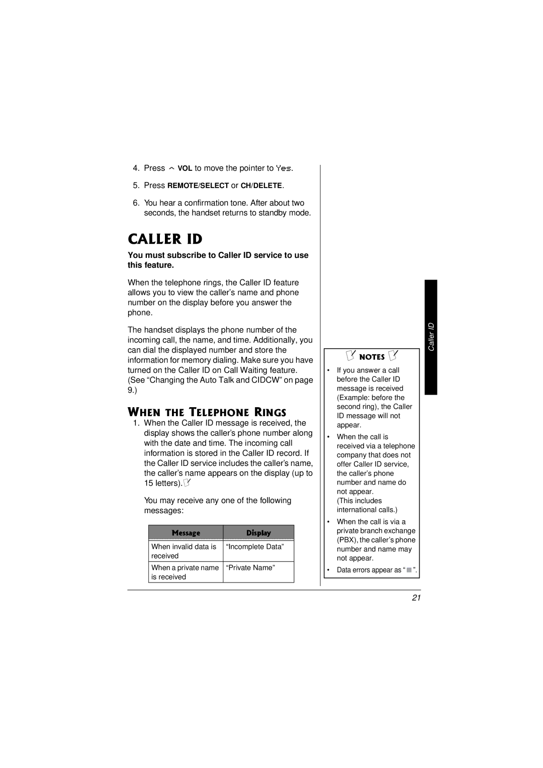 Radio Shack 43-3857 owner manual When the Telephone Rings, You must subscribe to Caller ID service to use this feature 