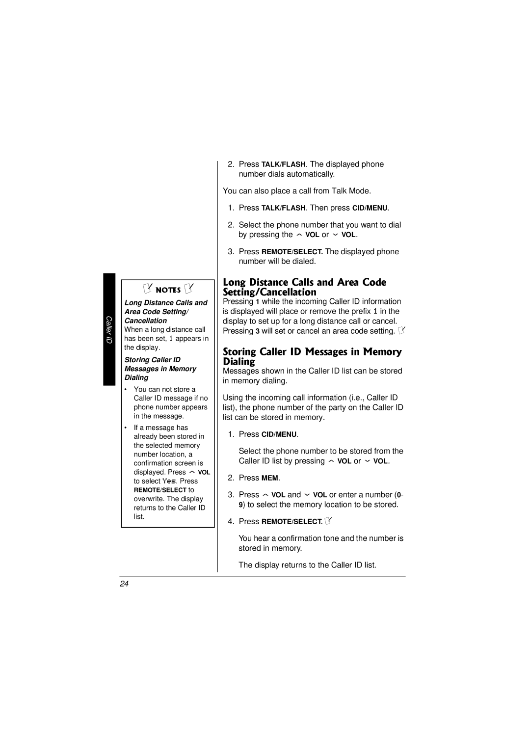 Radio Shack 43-3857 Long Distance Calls and Area Code Setting/Cancellation, Storing Caller ID Messages in Memory Dialing 