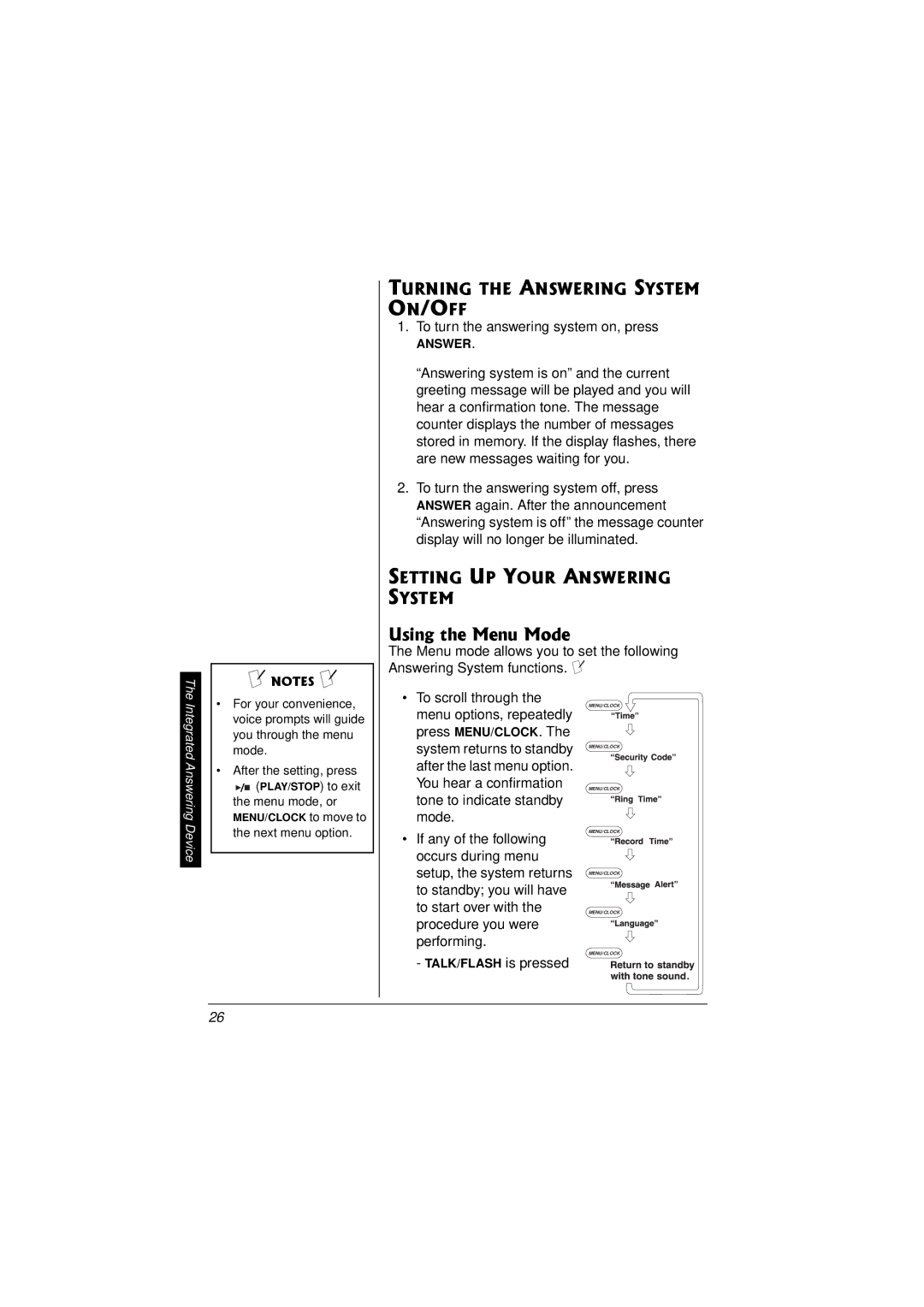 Radio Shack 43-3857 owner manual Using the Menu Mode, Turning the Answering System, Setting UP Your Answering System 