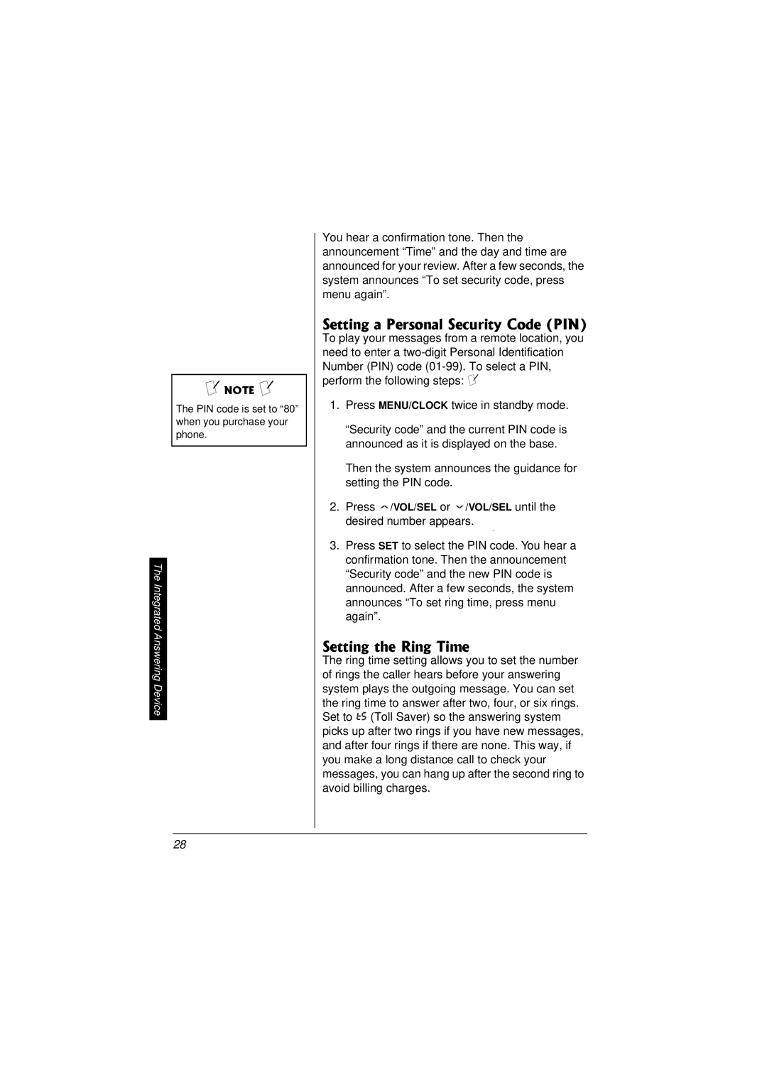 Radio Shack 43-3857 owner manual Setting a Personal Security Code PIN, Setting the Ring Time 