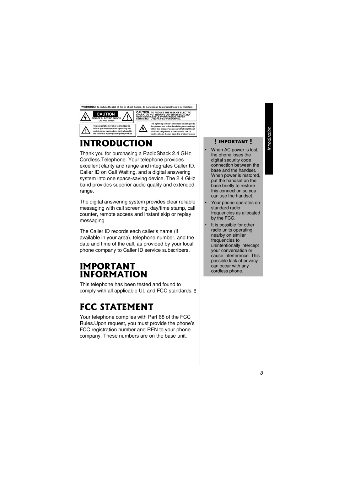 Radio Shack 43-3857 owner manual Introduction, Information, FCC Statement 