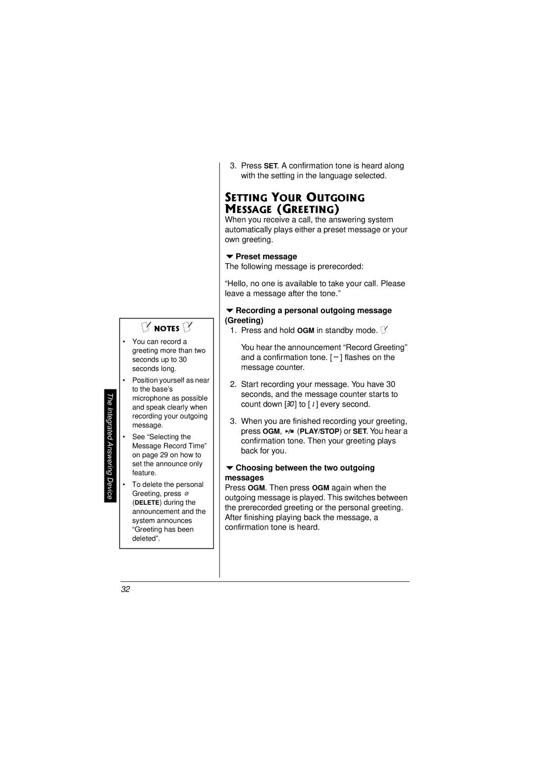 Radio Shack 43-3857 Setting Your Outgoing Message Greeting, Preset message, Recording a personal outgoing message Greeting 