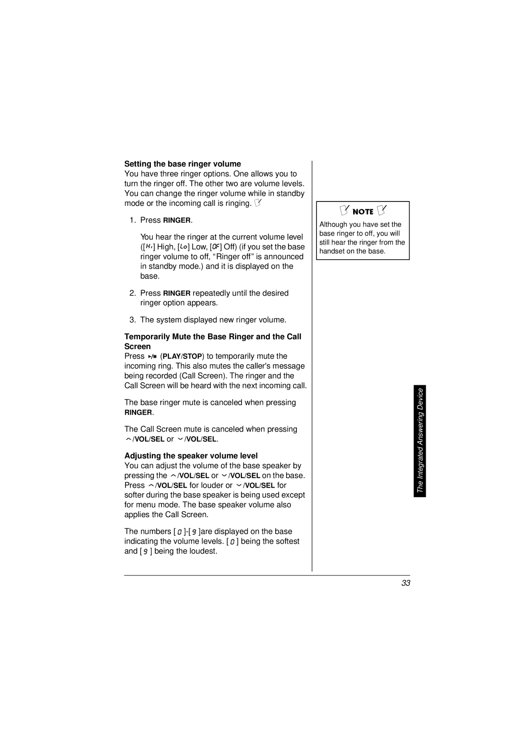 Radio Shack 43-3857 owner manual Setting the base ringer volume, Temporarily Mute the Base Ringer and the Call Screen 