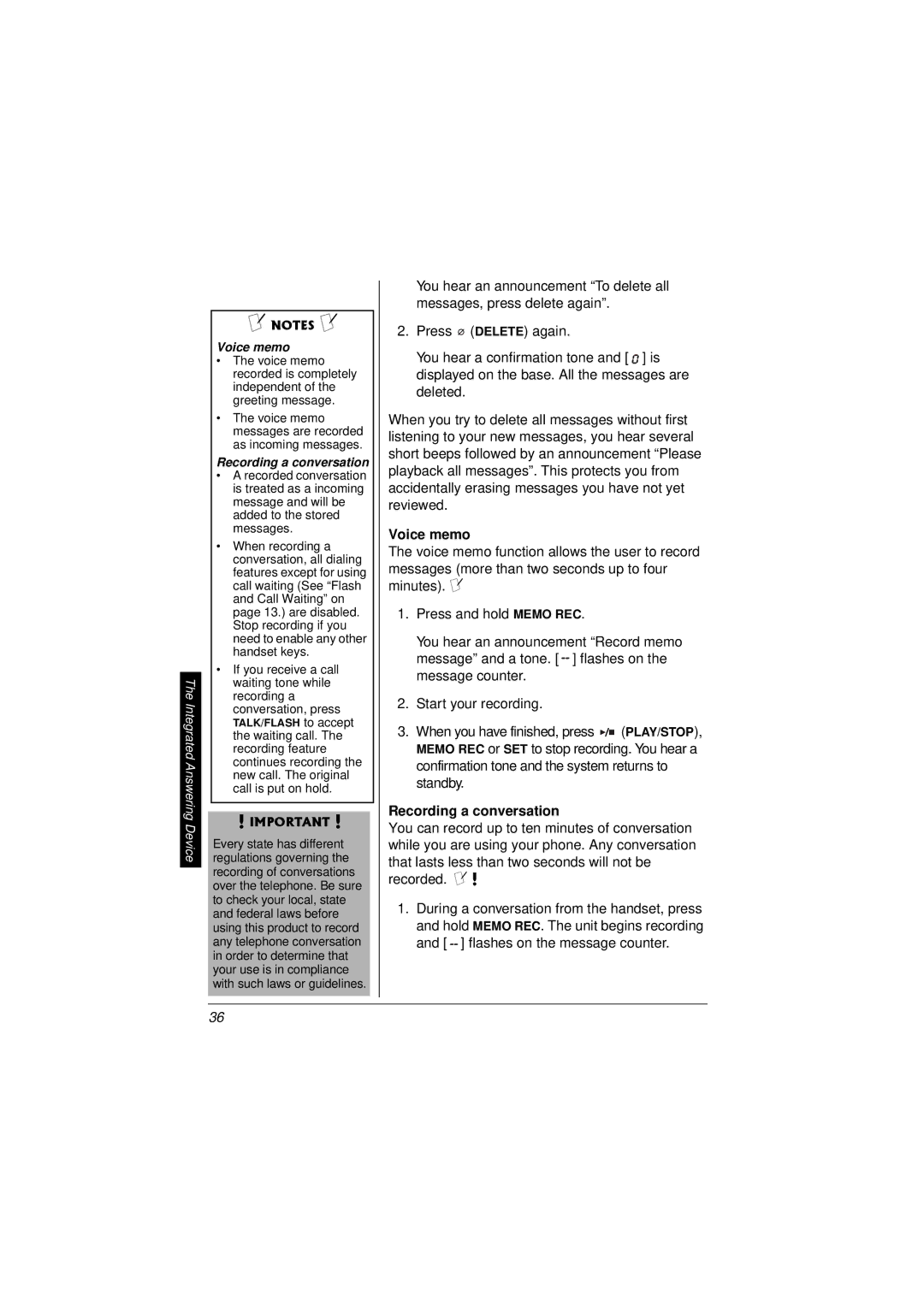 Radio Shack 43-3857 owner manual Voice memo, Recording a conversation 