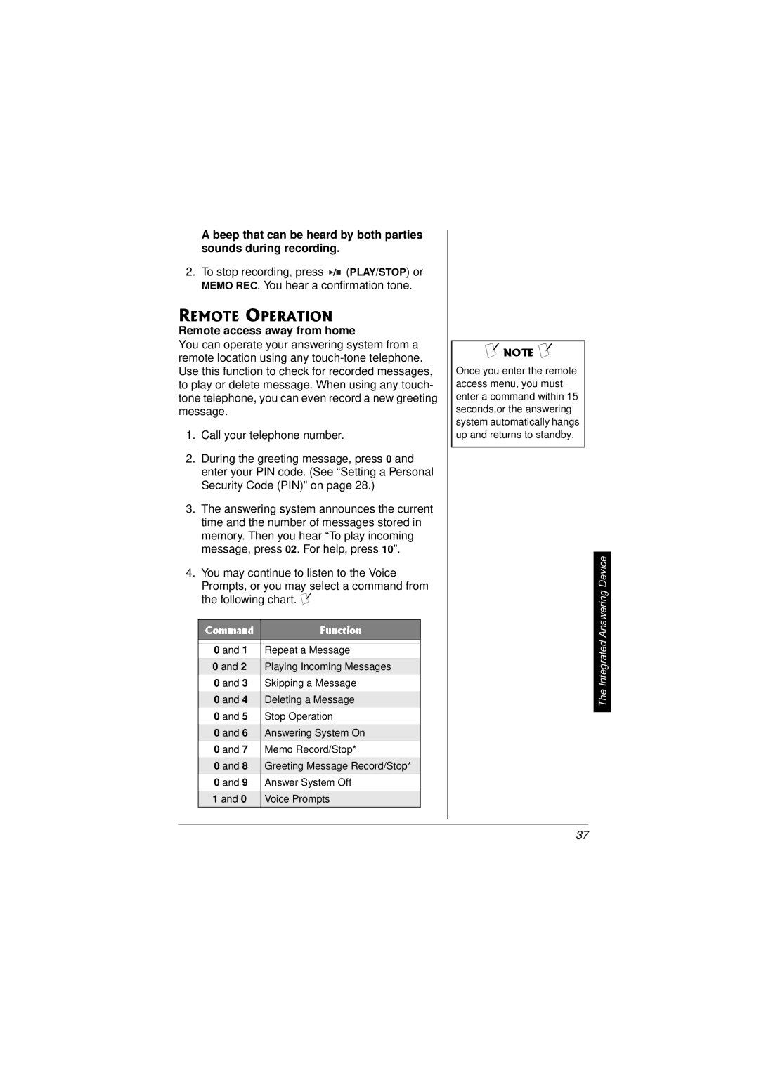 Radio Shack 43-3857 owner manual Remote Operation, Remote access away from home 