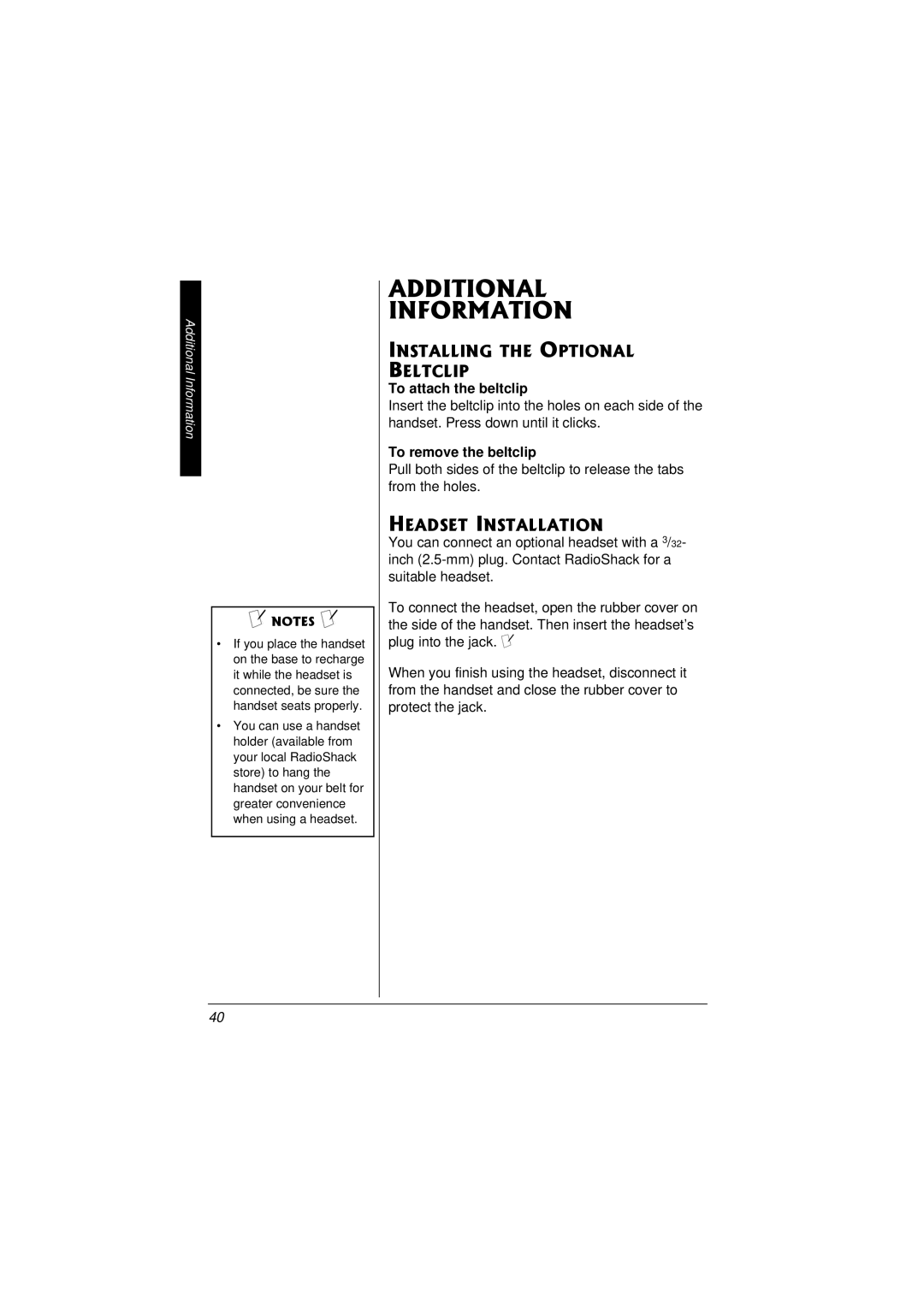 Radio Shack 43-3857 Additional Information, Installing the Optional Beltclip, Headset Installation, To attach the beltclip 