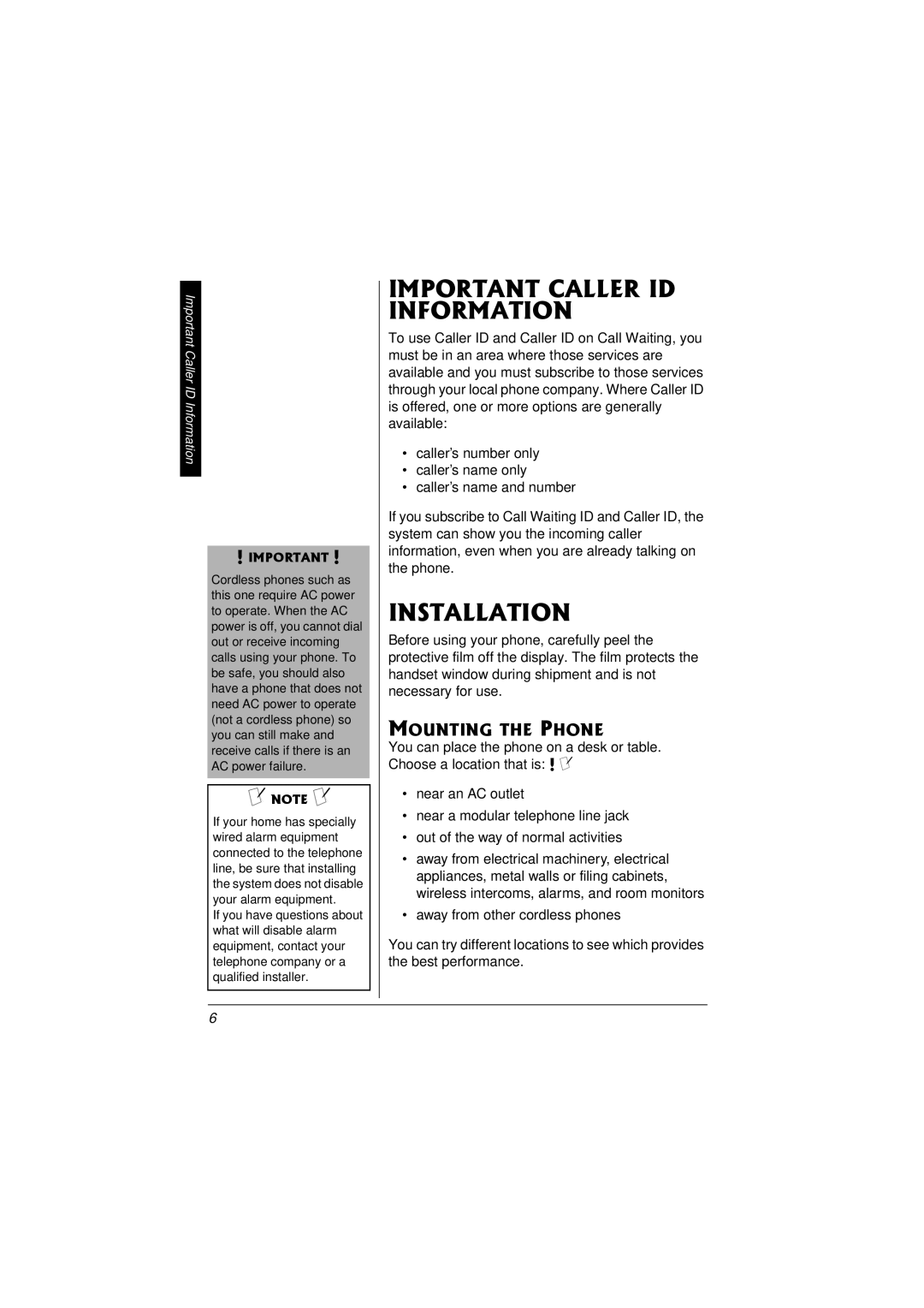 Radio Shack 43-3857 owner manual Important Caller ID Information, Installation, Mounting the Phone 