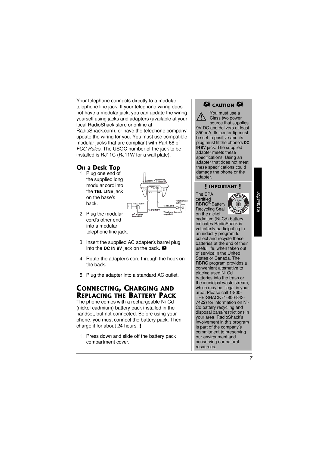 Radio Shack 43-3857 owner manual On a Desk Top, CONNECTING, Charging and Replacing the Battery Pack 