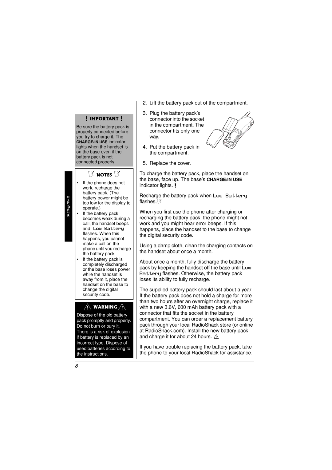 Radio Shack 43-3857 owner manual Lift the battery pack out of the compartment 