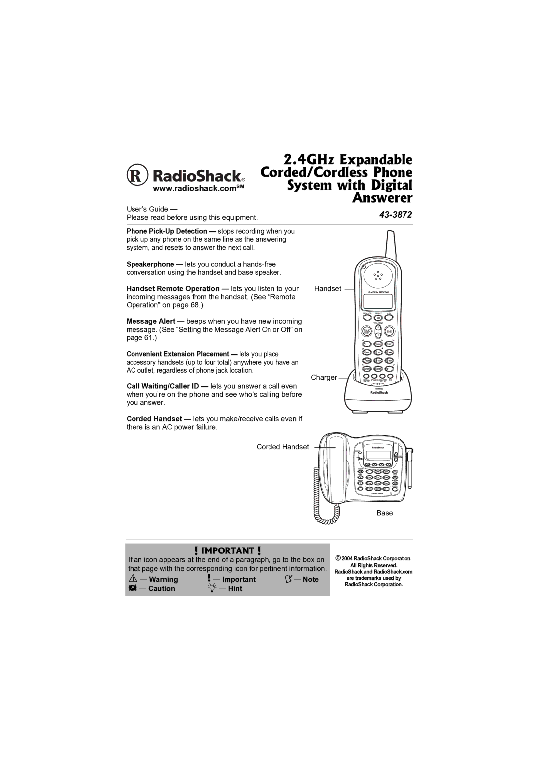 Radio Shack 43-3872 manual 4GHz Expandable Corded/Cordless Phone Answerer 