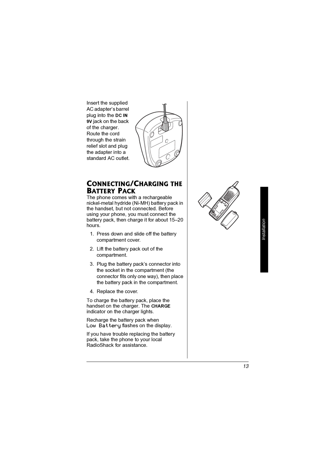 Radio Shack 43-3872 manual CONNECTING/CHARGING the Battery Pack 