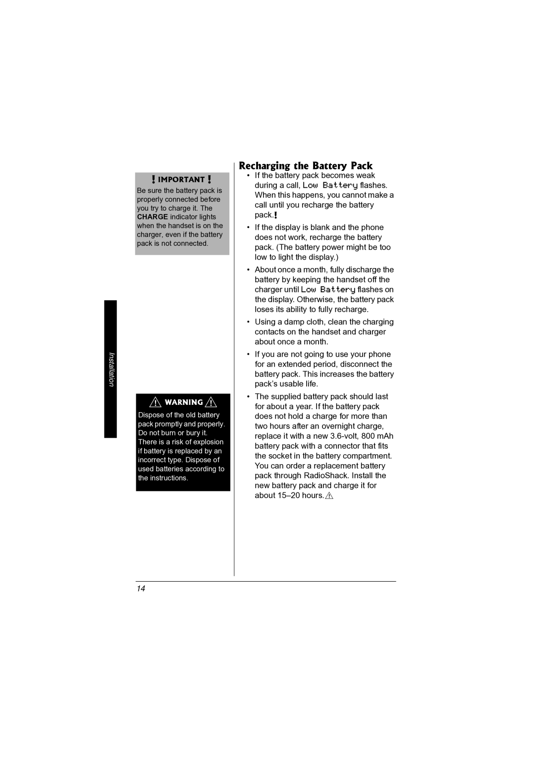 Radio Shack 43-3872 manual Recharging the Battery Pack 