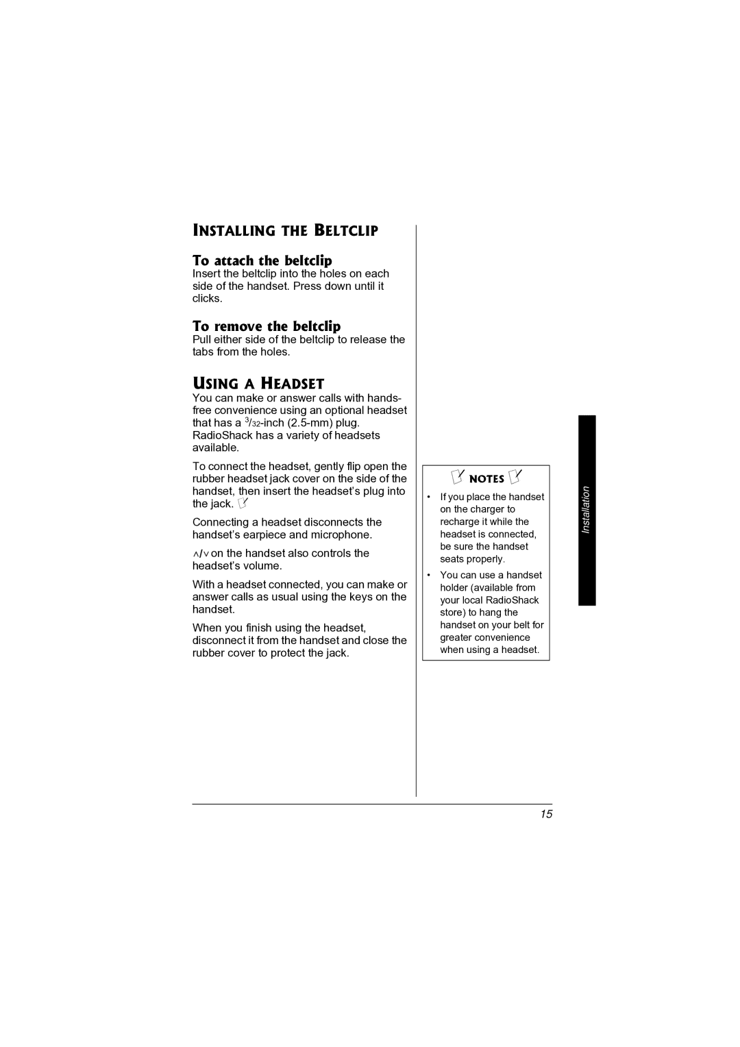 Radio Shack 43-3872 manual To attach the beltclip, To remove the beltclip, Installing the Beltclip, Using a Headset 