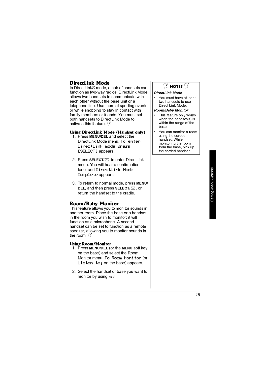 Radio Shack 43-3872 manual Room/Baby Monitor, Using DirectLink Mode Handset only, Using Room/Monitor 