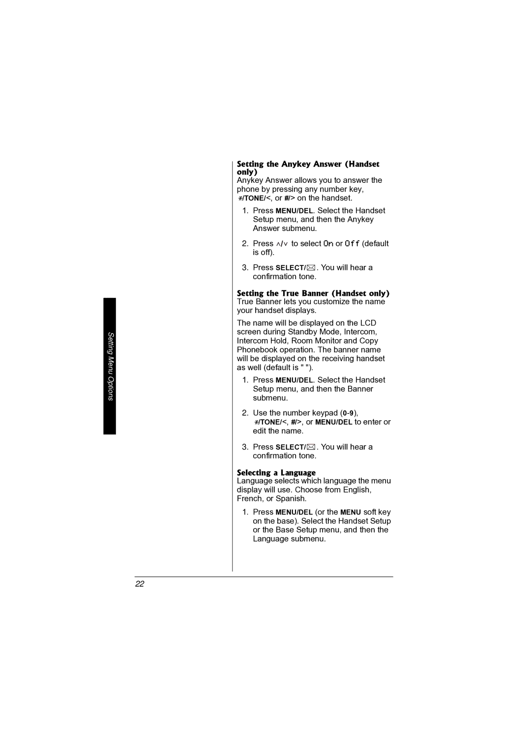 Radio Shack 43-3872 manual Setting the Anykey Answer Handset only, Selecting a Language 