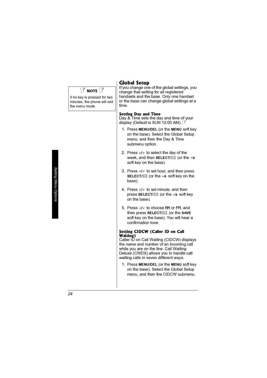 Radio Shack 43-3872 manual Global Setup, Setting Day and Time, Setting Cidcw Caller ID on Call Waiting 