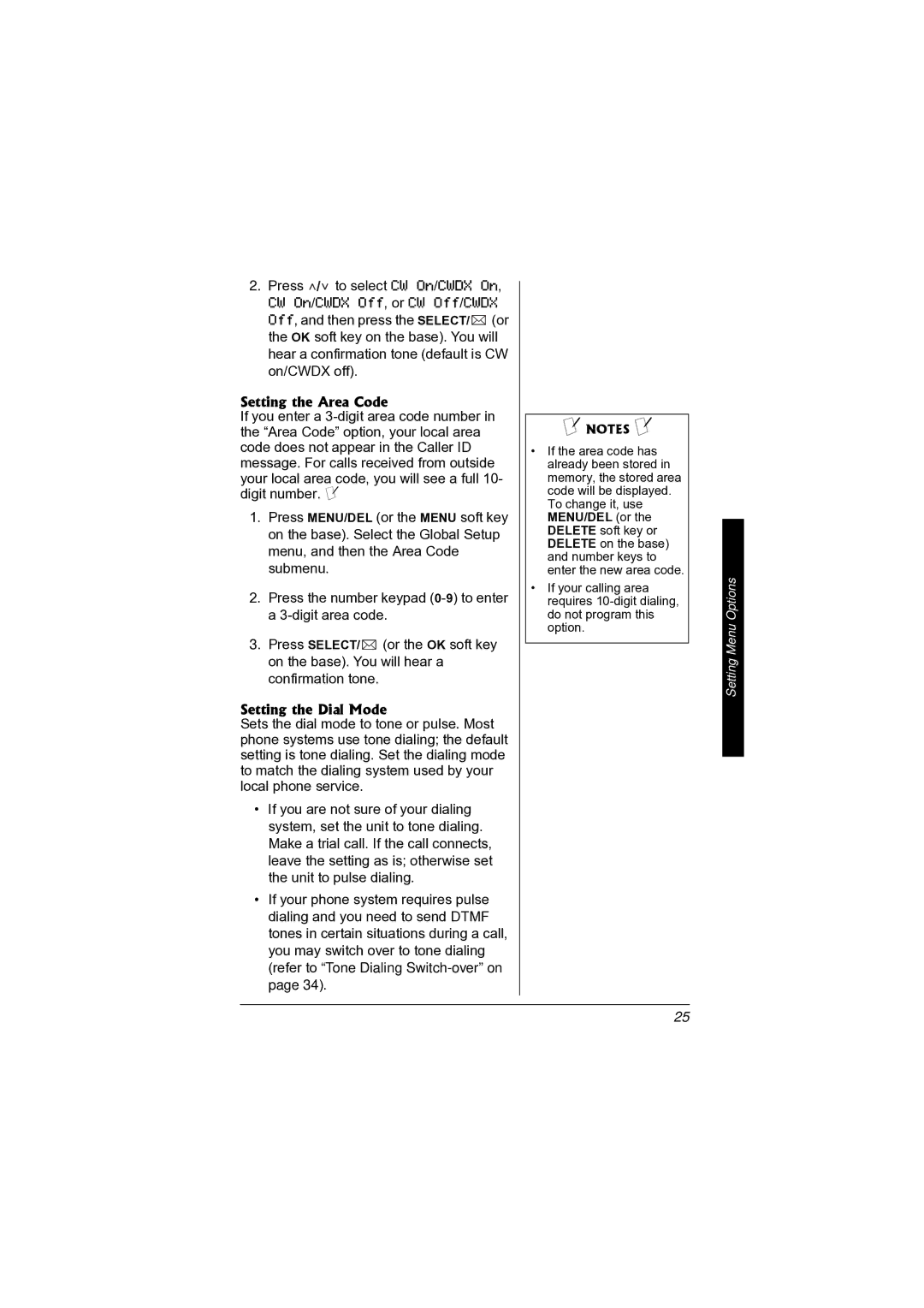 Radio Shack 43-3872 manual Setting the Area Code, Setting the Dial Mode 