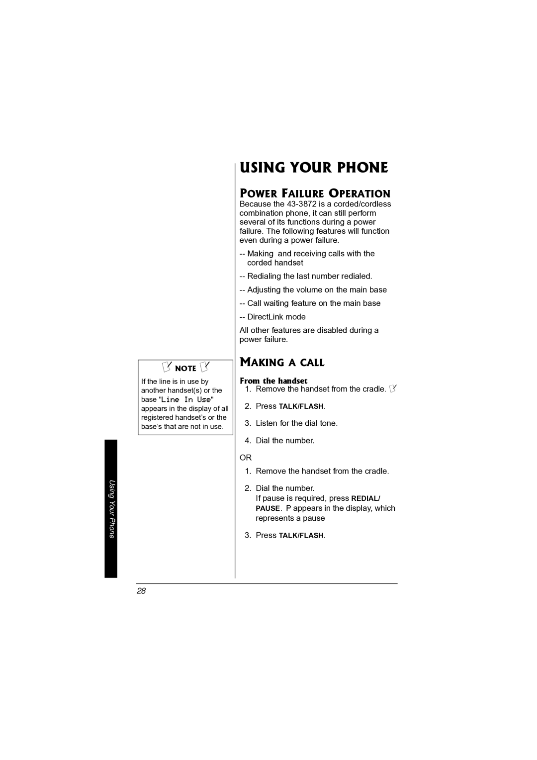 Radio Shack 43-3872 manual Using Your Phone, Power Failure Operation, Making a Call, From the handset 