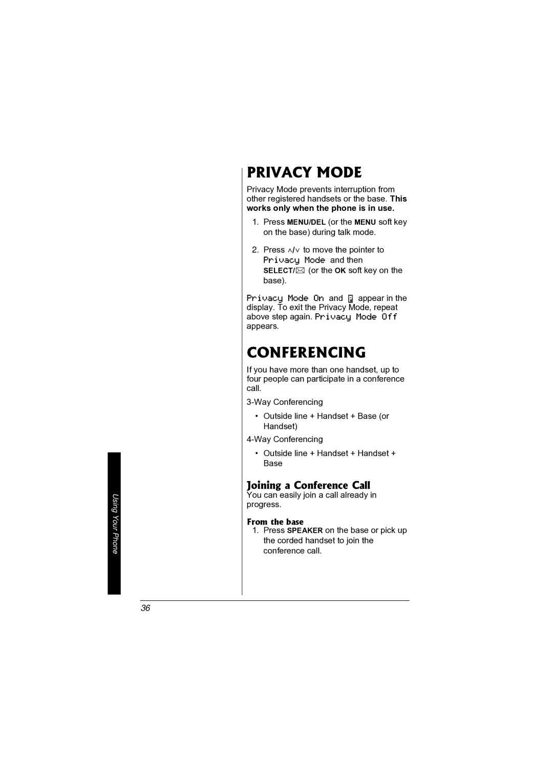 Radio Shack 43-3872 manual Privacy Mode, Conferencing, Joining a Conference Call 