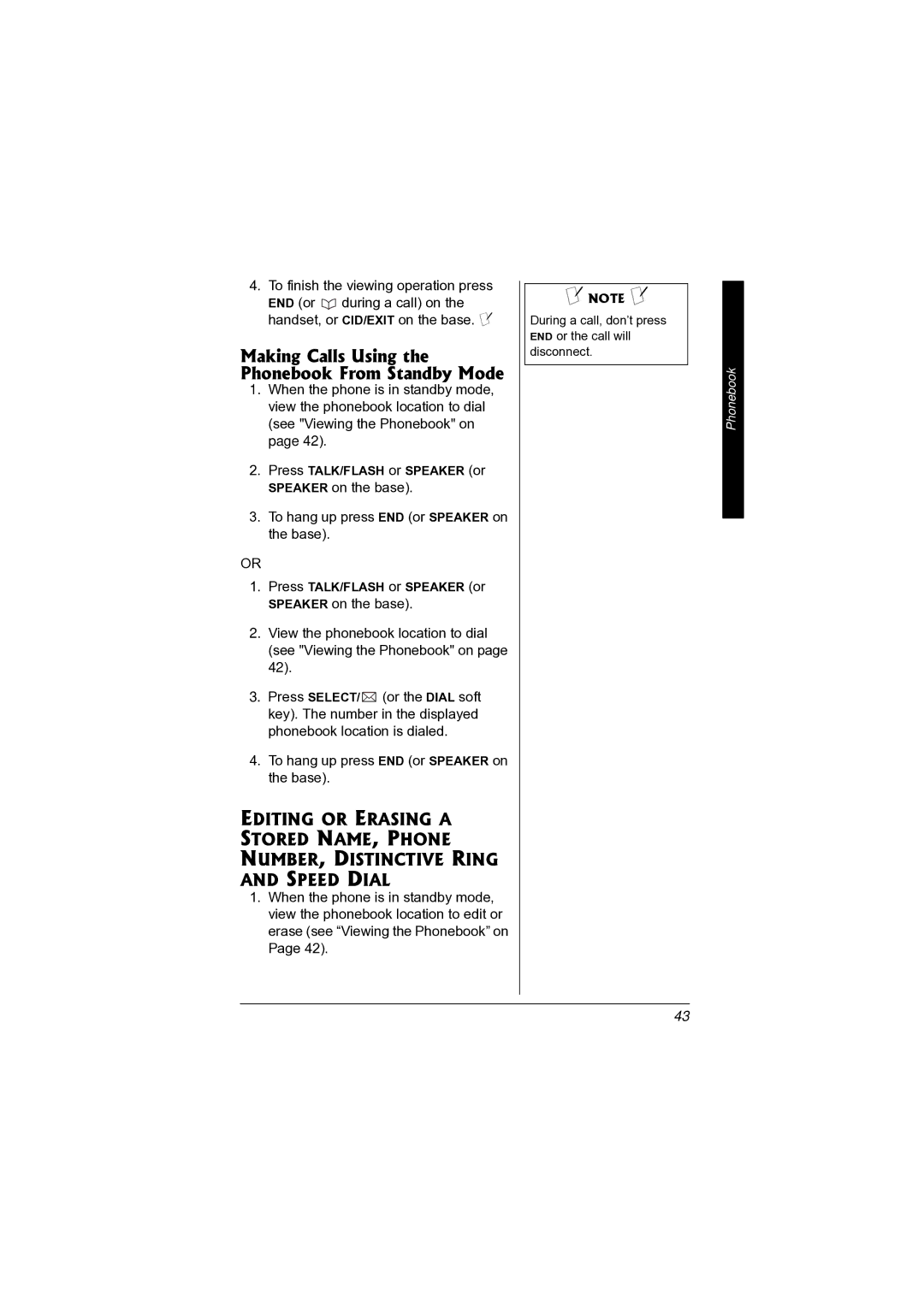 Radio Shack 43-3872 manual Making Calls Using the Phonebook From Standby Mode 