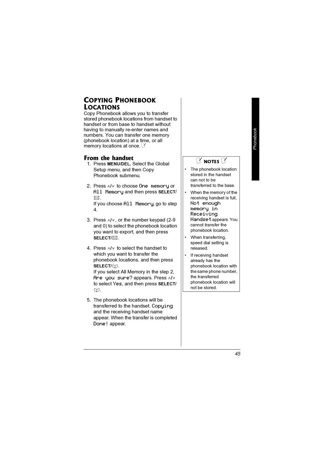 Radio Shack 43-3872 manual From the handset, Copying Phonebook Locations 