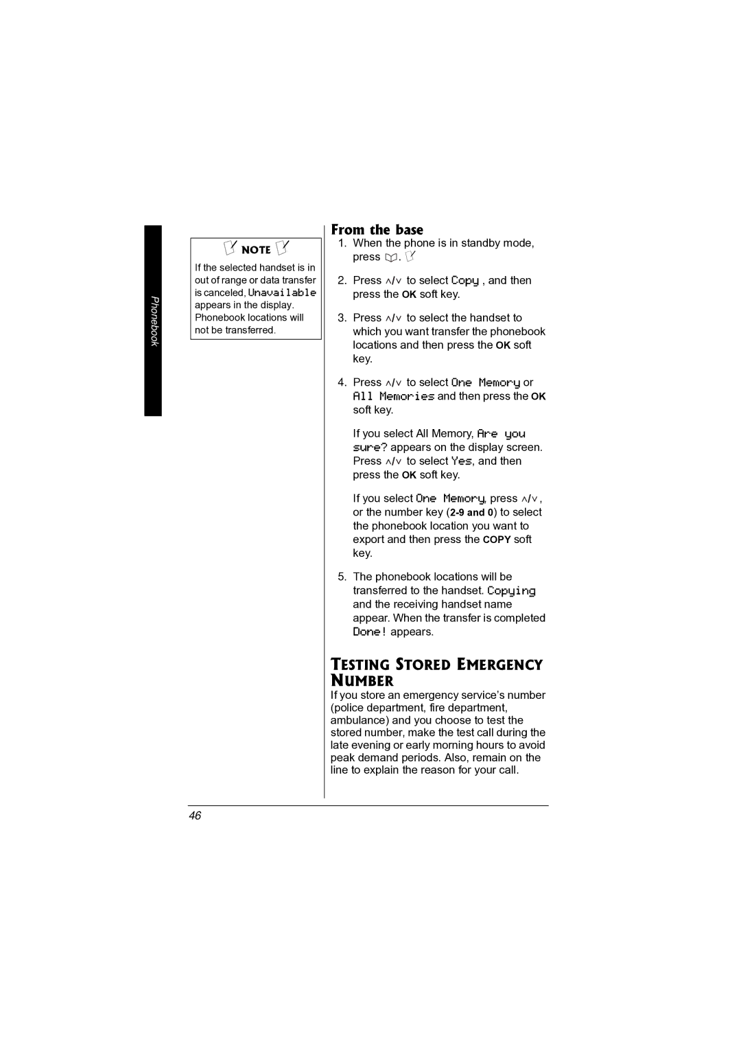 Radio Shack 43-3872 manual From the base, Testing Stored Emergency Number 