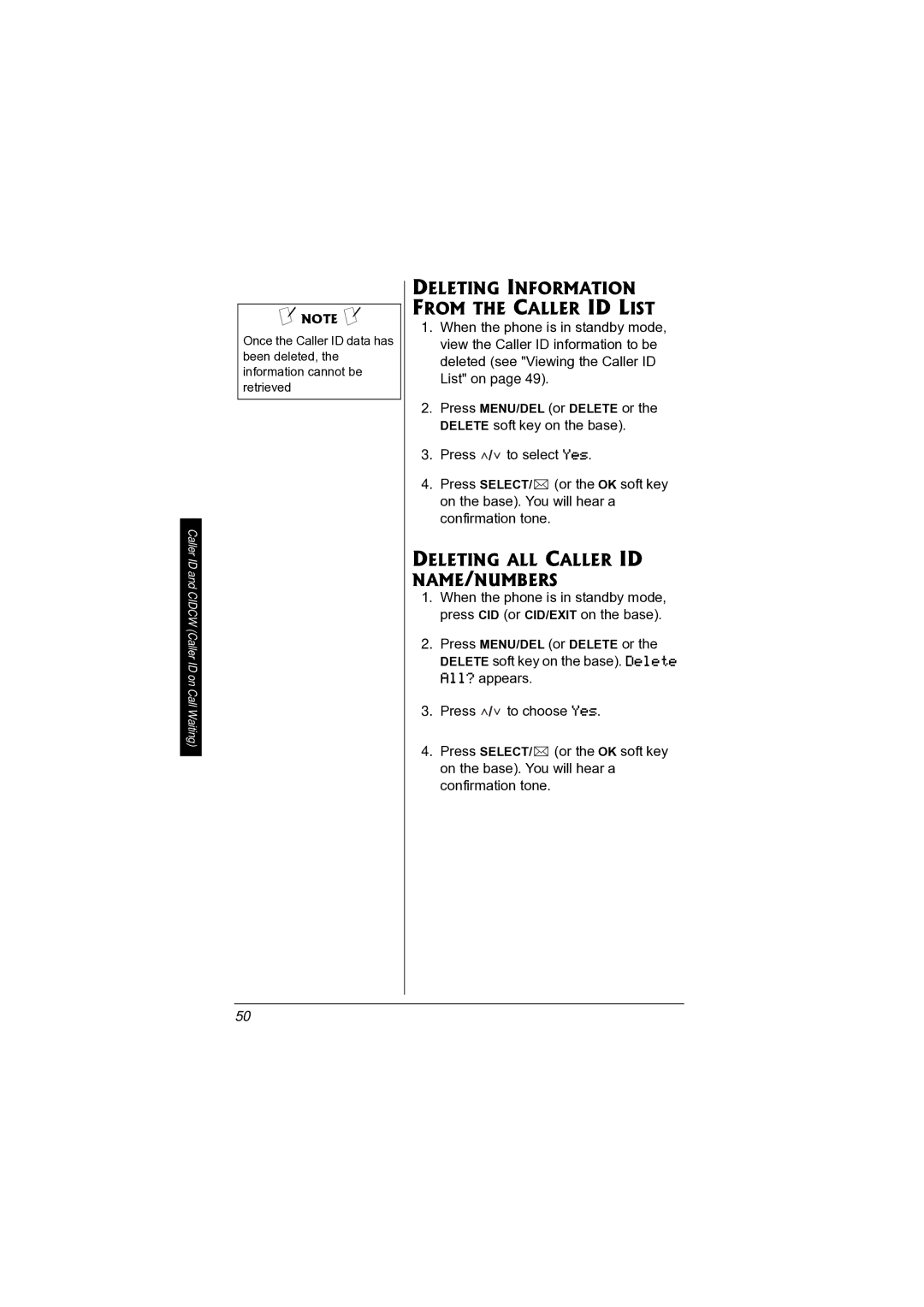 Radio Shack 43-3872 manual Deleting Information from the Caller ID List, Deleting ALL Caller ID NAME/NUMBERS 