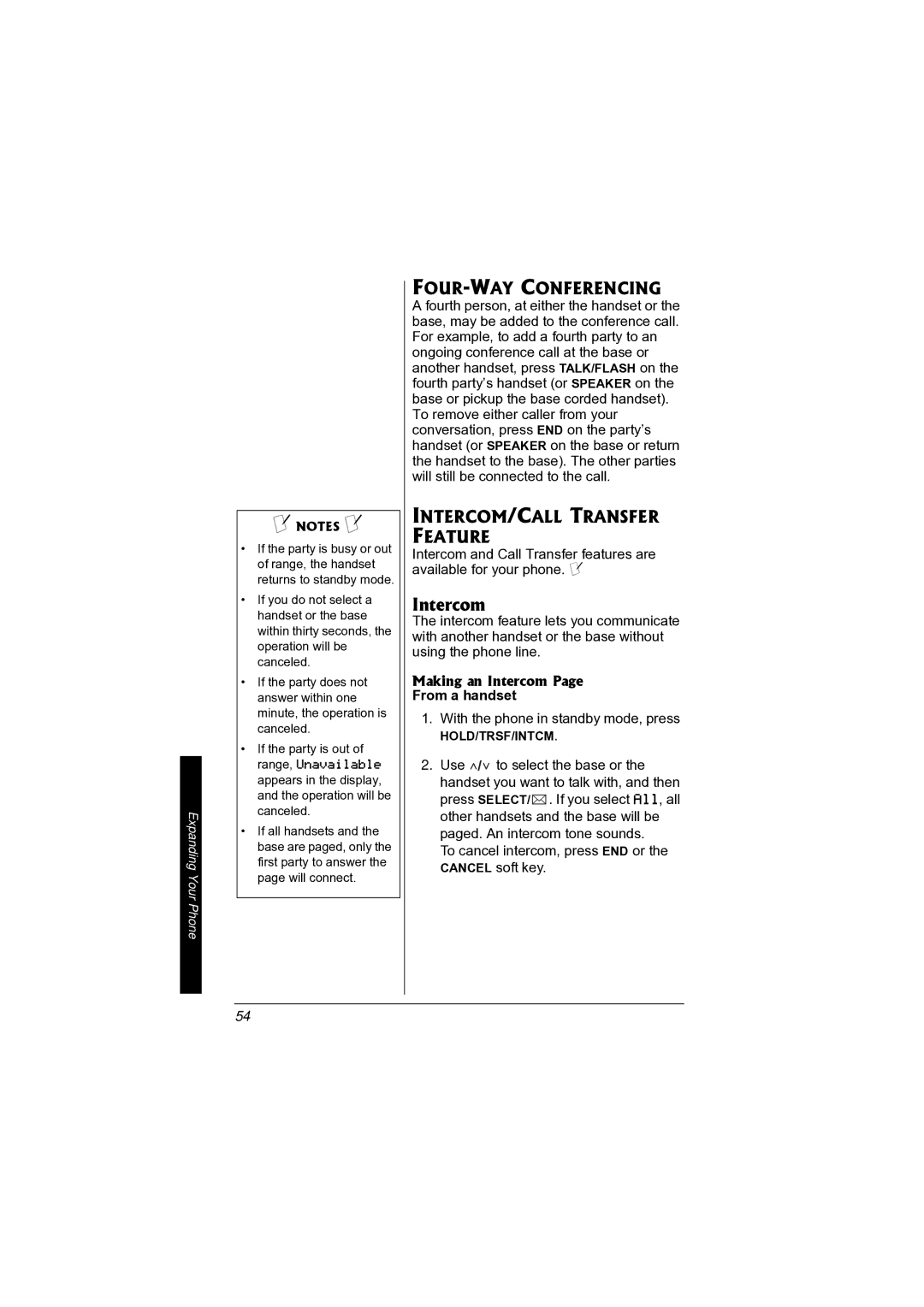 Radio Shack 43-3872 manual FOUR-WAY Conferencing, INTERCOM/CALL Transfer Feature, Making an Intercom From a handset 