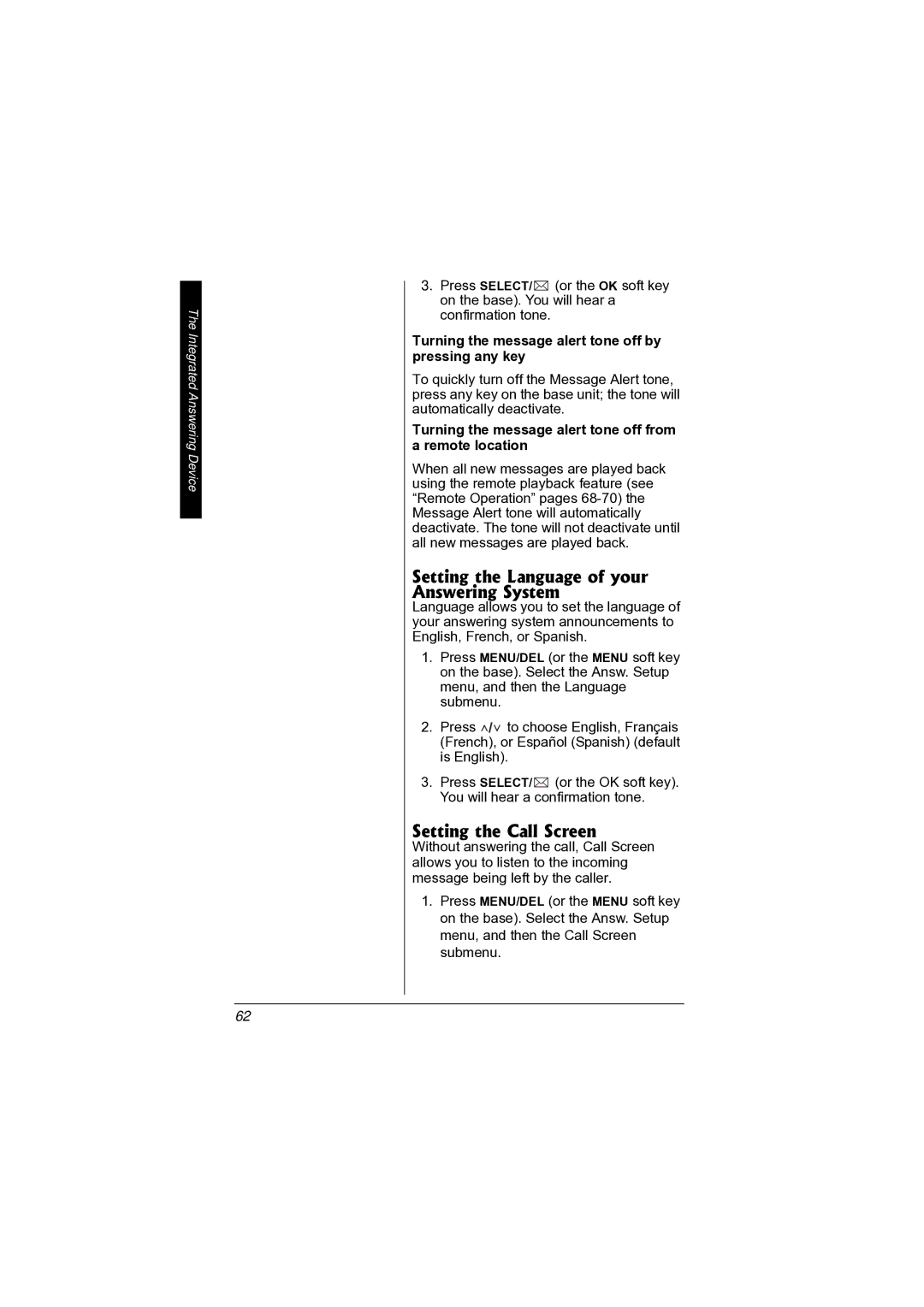 Radio Shack 43-3872 manual Setting the Language of your Answering System, Setting the Call Screen 