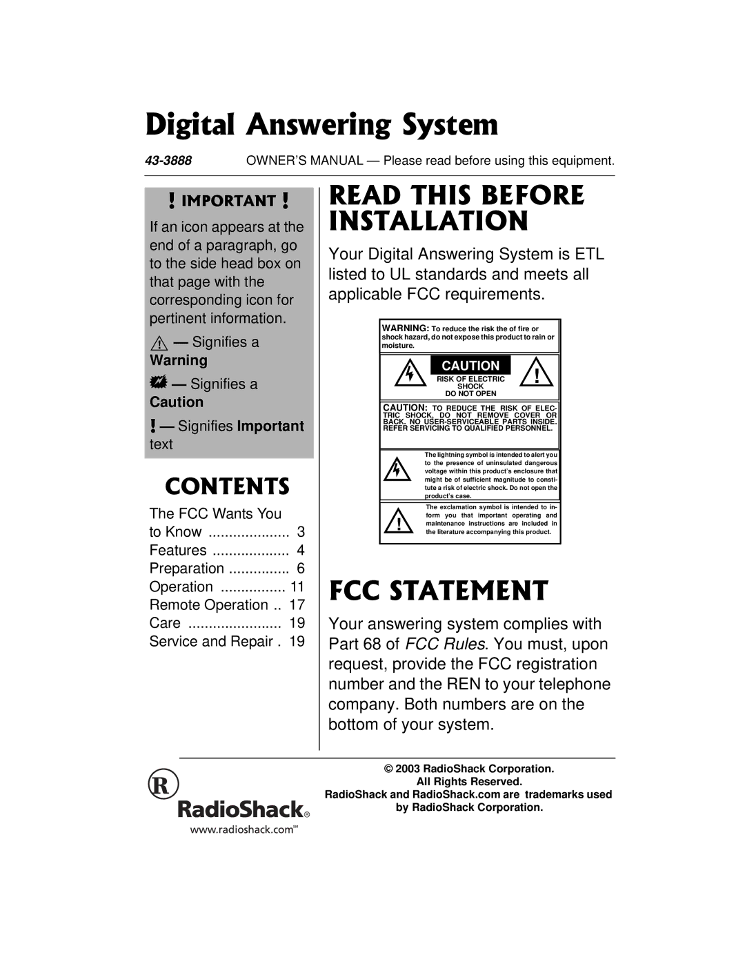 Radio Shack 43-3888 owner manual Read this Before Installation, FCC Statement 