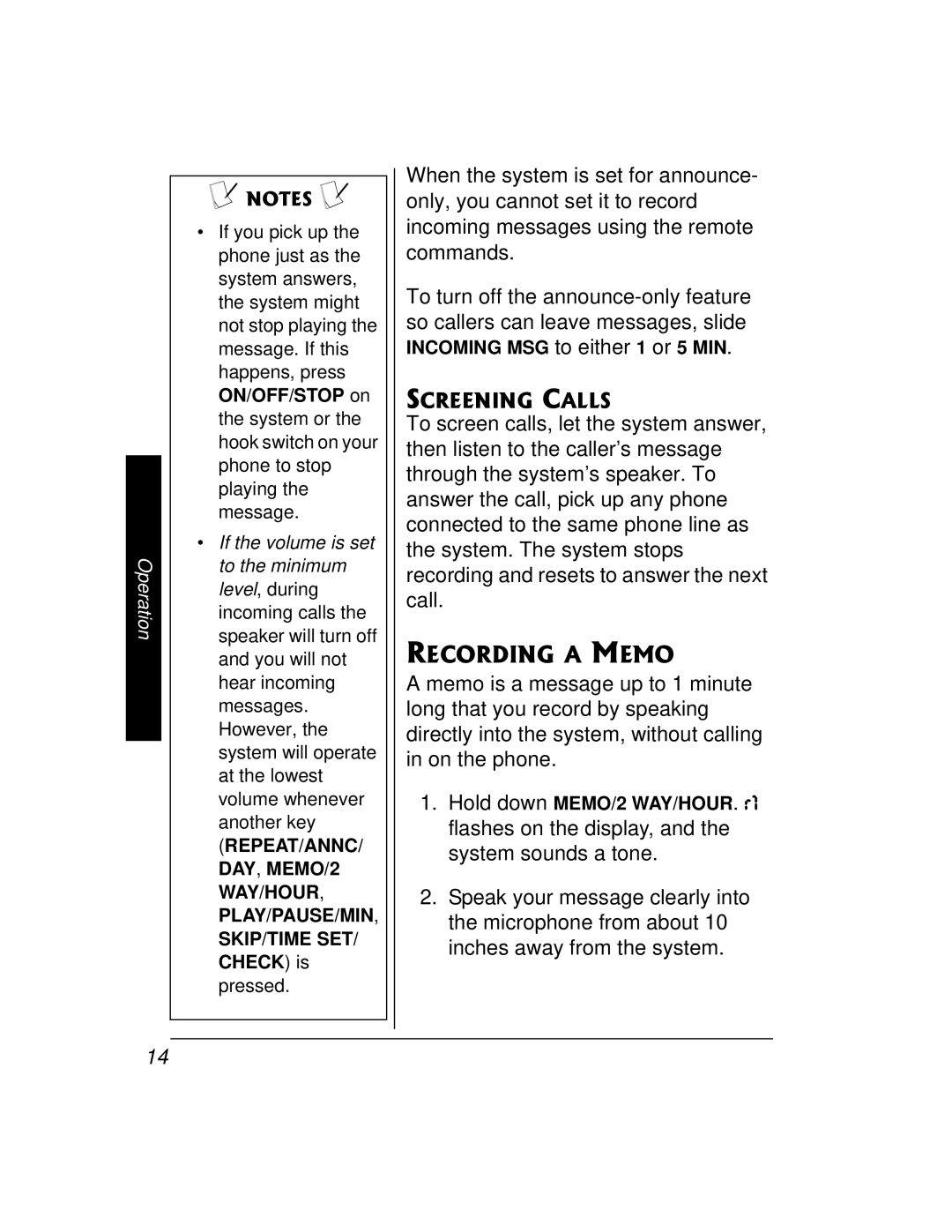 Radio Shack 43-3888 owner manual Recording a Memo, Screening Calls 