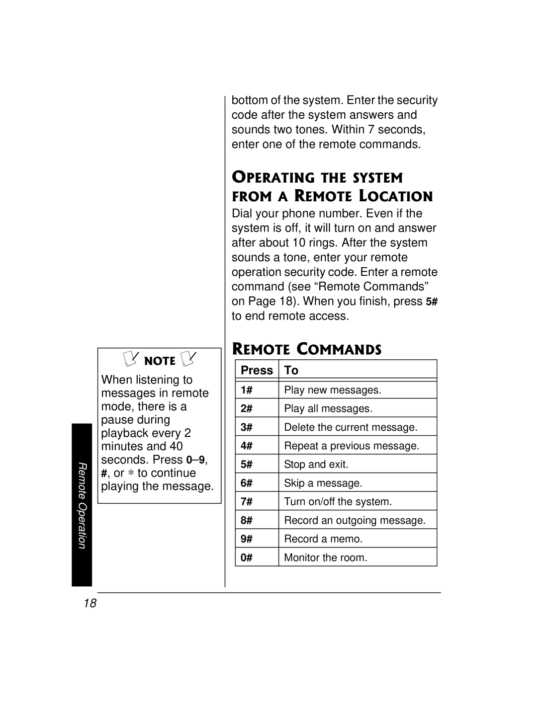 Radio Shack 43-3888 owner manual Operating the System from a Remote Location, Remote Commands 